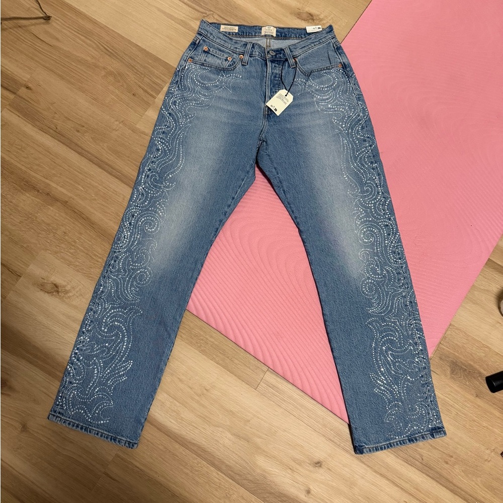 Levi's Beyoncé 501 C.  Light Blue Embellished Straight Leg Jeans